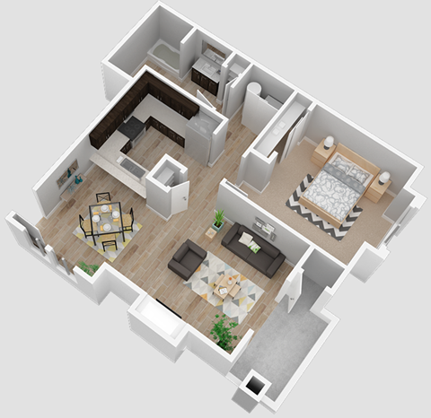 Floor plan for 1 bed, 1 bath, 826 sqft